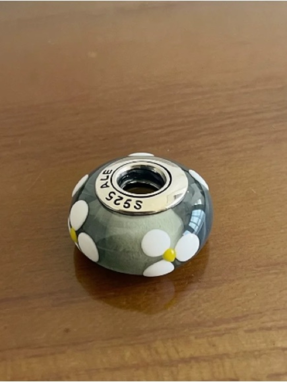 Pandora Sterling Silver 925 Floral Glass Charm Bead - Gray with White Daisies
